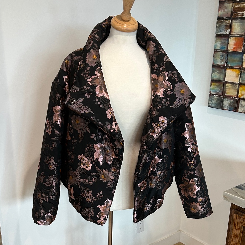 Free People Black and Pink Floral Design Puffer Jacket